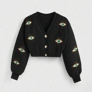 ROMWE Hippie Women's Vintage Embroidered Eye Totem Cardigan Black XS